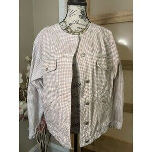 Bugle Boy Women's Denim Jean Jacket Medium White/Pink Button Down Vintage 90s